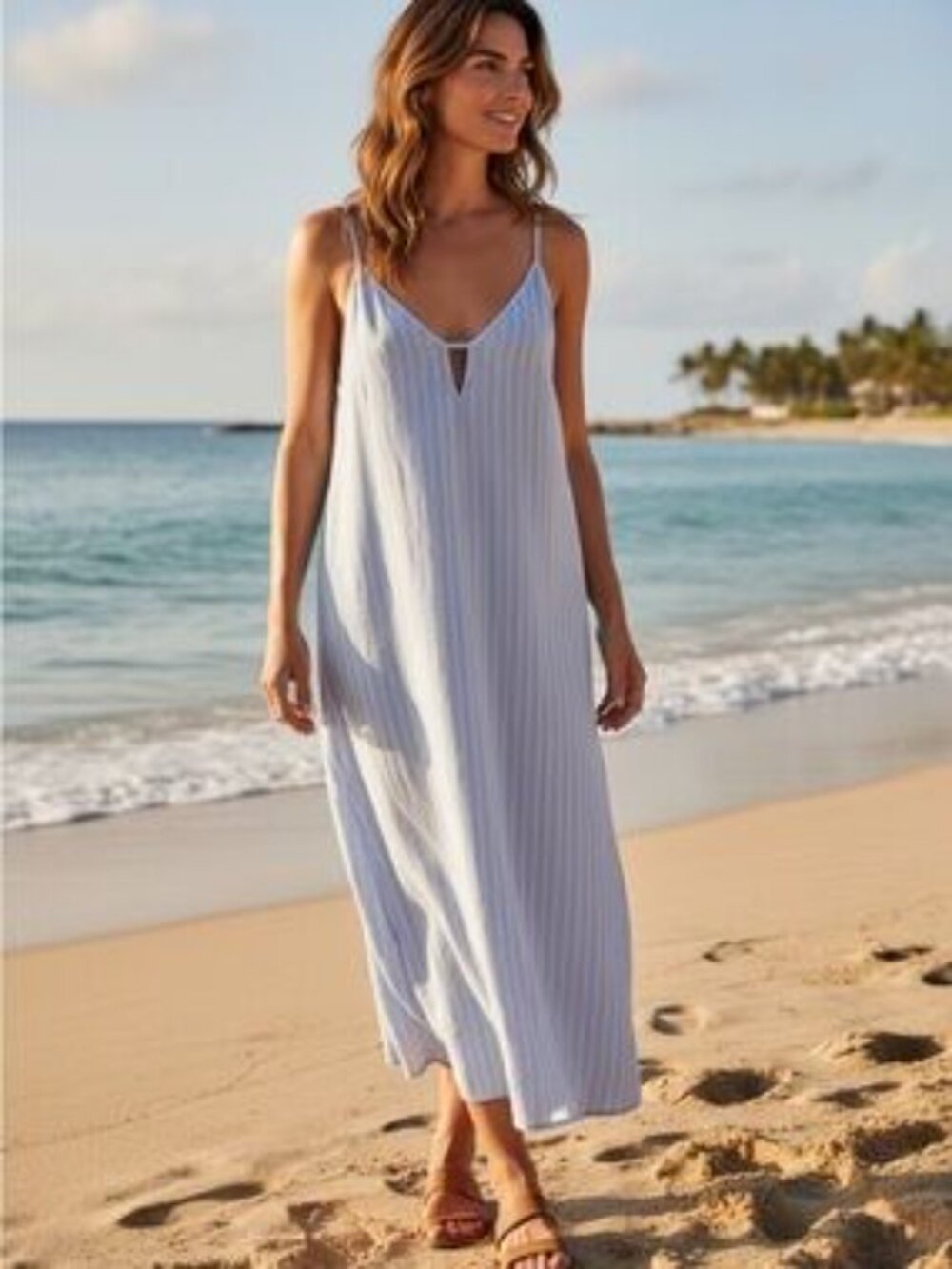 New Onia V-Neck Striped Linen-Blend Light Sky Maxi Dress/Swim Cover-Up Med NWT
